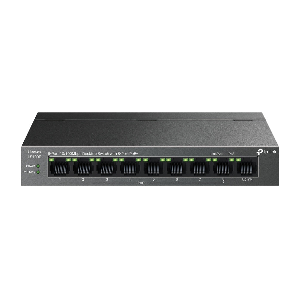 TP-Link LS109P 9-Port 10/100Mbps Desktop Ethernet Switch with 8-Port PoE+ Switch | 63W 250M with Extend Mode TP-Link LS109P 9-Port 10/100Mbps Desktop Ethernet Switch with 8-Port PoE+ Switch | 63W 250M with Extend Mode